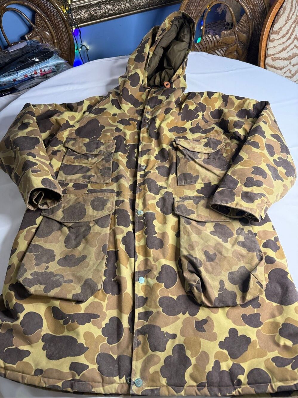 Cabela’s Duck Camo VTG Hooded Hunting Parka USA Insulated Goretex Jacket Size XL